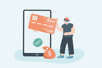 Wall Mural - scammer stealing money online flat vector illustration. hacker stealing personal information on phon