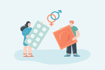 Wall Mural - woman and man holding condoms and birth control pills. sexual health flat vector illustration. safet