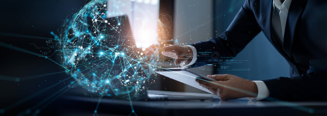 Businessman touching virtual Global business on internet network connection, Digital technology business, Social network, Innovation, Big data, Quantum computer technologies of futuristic.