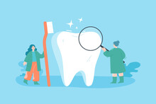 Girl Looking At Tooth Through Magnifier Flat Vector Illustration. Female Character Brushing Huge Tooth, Taking Care Of Dental Health. Hygiene Concept For Banner, Website Design Or Landing Web Page