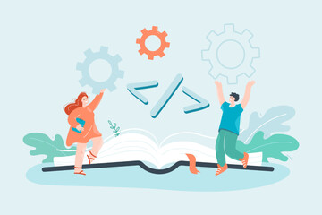 Wall Mural - coding symbol and happy programmers flat vector illustration. open book and greater than less sign s