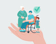 Elderly woman, man with disability and kid in caring hand. Protection of vulnerable people flat vector illustration. Care, help, assistance concept for banner, website design or landing web page