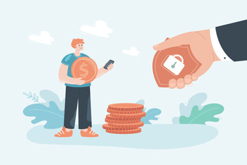 Wall Mural - huge hand giving man with money shield flat vector illustration. personal information and account se
