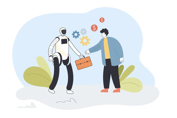 Wall Mural - cyborg giving suitcase to man flat vector illustration. artificial intelligence, ai, future, assista