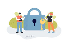 Man And Woman Holding Key Flat Vector Illustration. People Picking Lock, Solving Problems. Security, Cooperation, Opportunity, Protection Concept For Banner, Website Design Or Landing Web Page