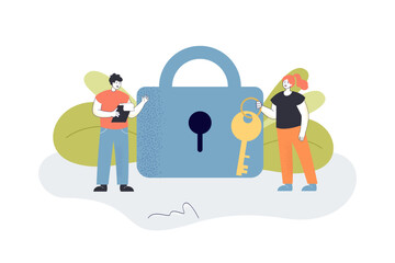 Wall Mural - man and woman holding key flat vector illustration. people picking lock, solving problems. security,