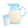 Dairy product concept. Icon or sticker with glass jug and mug of fresh organic milk. Farm drink. Design element for advertising posters. Cartoon flat vector collection isolated on white background