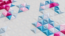 White, Blue And Pink Abstract Surface With Tetrahedrons. Futuristic, Bright 3d Banner.