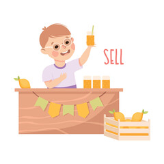 Canvas Print - Little Boy at Stall Selling Lemonade Demonstrating Vocabulary and Verb Studying Vector Illustration