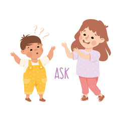 Sticker - Little Boy Asking Girl Question Demonstrating Vocabulary and Verb Studying Vector Illustration