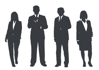 Wall Mural - Business people group gray silhouettes pose on white background, flat line vector and illustration.