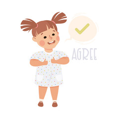 Sticker - Little Girl Agree Showing Thumb Up Demonstrating Vocabulary and Verb Studying Vector Illustration