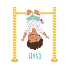 Poster - Little Boy Hanging Upside Down on Horizontal Bar Demonstrating Vocabulary and Verb Studying Vector Illustration