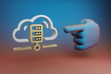 Aufkleber - Beautiful illustrations abstract Hand index finger points to Cloud Database Server symbol icon on a multicolor bright background. 3d rendering illustration. Background pattern for design.