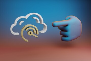 Leinwandbilder - Beautiful illustrations abstract Hand index finger points to Cloud Server Speed symbol icon on a multicolor bright background. 3d rendering illustration. Background pattern for design.