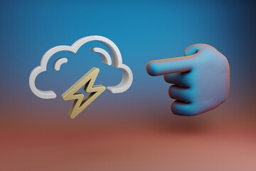 Fototapete - Beautiful illustrations abstract Hand index finger points to Cloud Thunder Bolt symbol icon on a multicolor bright background. 3d rendering illustration. Background pattern for design.