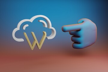 Fototapete - Beautiful illustrations abstract Hand index finger points to Cloud Database W symbol icon on a multicolor bright background. 3d rendering illustration. Background pattern for design.