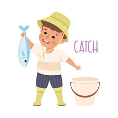 Sticker - Little Boy Catching Fish Demonstrating Vocabulary and Verb Studying Vector Illustration