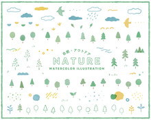 木の水彩イラストセット　自然　アウトドア　ナチュラル　植物　手描き　かわいい　エコ　飾り　森林　公園