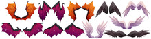 Wings Of Demon And Angel Halloween Collection. Dragon, Bat, Dove Or Vampire Wing Pairs. White And Black Ragged Magic Set For Fantasy Characters, Isolated Game Elements, Cartoon Vector Illustration