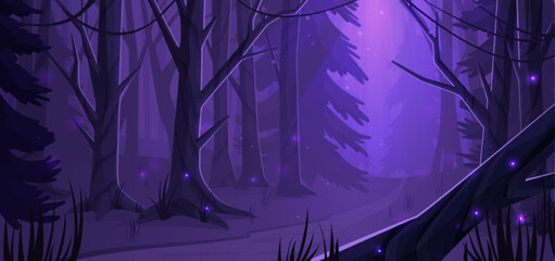 night forest landscape with trees, road and glowworms shining in darkness. wild wood natural backgro
