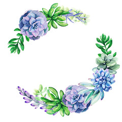 Wall Mural - Watercolor wreath frame composed of bright full color succulent