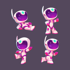 Wall Mural - cartoon astronaut character isolated set. cute spaceman run, stand on one leg, show thumb up, lying 