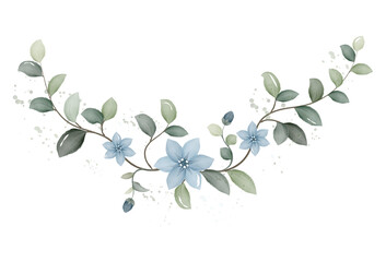 Watercolor branch with blue flowers and green leaves