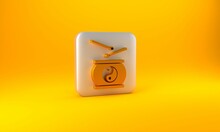 Gold Chinese Drum Icon Isolated On Yellow Background. Traditional Asian Percussion Instrument Taiko Or O-Daiko Drum. Silver Square Button. 3D Render Illustration