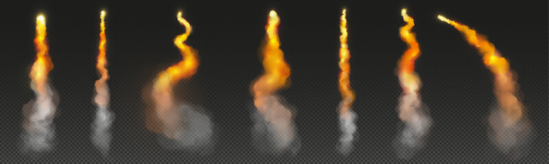 Wall Mural - rocket fire smoke trails, spacecraft startup launch or signal clouds. space jet flames, airplane or 