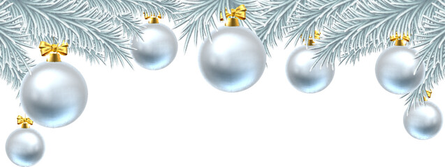 Wall Mural - Snowflakes and Christmas tree baubles hanging from a Christmas tree background.