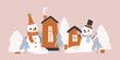 © Tata_ota - Winter village, cozy houses in snowfall forest. Merry Christmas. Vector print for children room, fabric, paper, greeting card, postcard, card, t shirt, poster, textile. Vector illustration