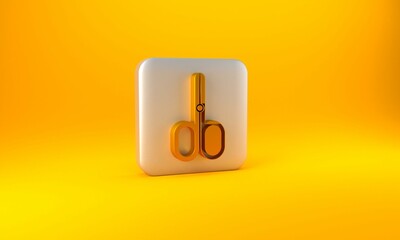 Wall Mural - Gold Scissors icon isolated on yellow background. Cutting tool sign. Silver square button. 3D render illustration