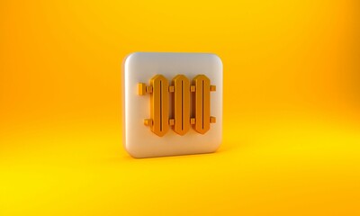 Wall Mural - Gold Heating radiator icon isolated on yellow background. Silver square button. 3D render illustration