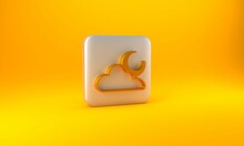 Gold Cloud With Moon Icon Isolated On Yellow Background. Cloudy Night Sign. Sleep Dreams Symbol. Night Or Bed Time Sign. Silver Square Button. 3D Render Illustration