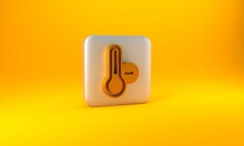 Gold Meteorology Thermometer Measuring Icon Isolated On Yellow Background. Thermometer Equipment Showing Hot Or Cold Weather. Silver Square Button. 3D Render Illustration