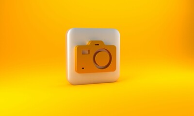 Gold Photo camera icon isolated on yellow background. Foto camera. Digital photography. Silver square button. 3D render illustration