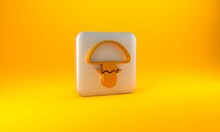 Gold Mushroom Icon Isolated On Yellow Background. Silver Square Button. 3D Render Illustration