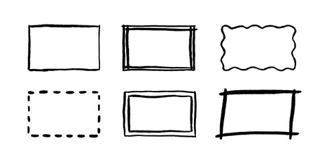 Wall Mural - Free hand drawn rectangle frames set. Doodle rectangular shape. Scribble pencil square text box. Doodle highlighting design elements. Line border. Vector illustration isolated on white background.