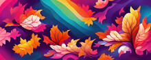 Autumn And Thanksgiving Wallpaper Background With Colourful Leaves And Rainbow