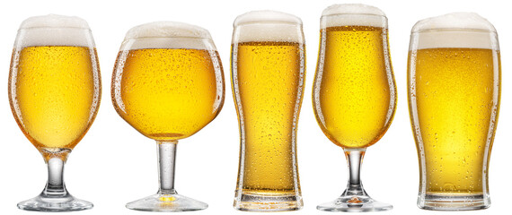 Canvas Print - Five different glasses with light beer and with drops on the surface isolated on a white background. Beer concept. Clipping path.