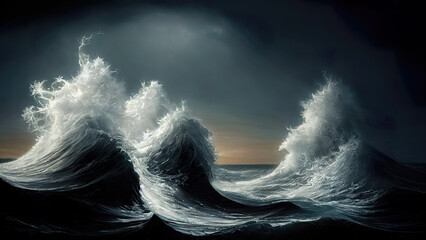 Wall Mural - seascape night fantasy of beautiful waves as illustration