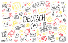 Deutsch Interpreter Language Online. German Language Learning Concept Vector Illustration. Doodle Of Foreign Language Education Course For Home Online Training Study.