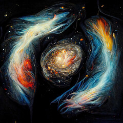 Wall Mural - Abstract cosmos supernova background art with galaxies, deep space, universe, stars, planets and dark clouds in the night, fantasy fairy tail wallpaper drawing painted illustration with cosmic swirls