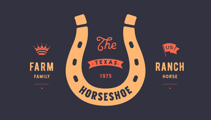 Wall Mural - Logo lucky horseshoe. Text Horseshoe, Farm Ranch, gold horseshoe, graphic and lucky symbols. Design element, drawing, vintage hipster style, ribbon and good luck fortune sign. Vector Illustration