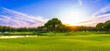 Panorama of dawn over a golf course with a pine forest in the background in Belek Turkey