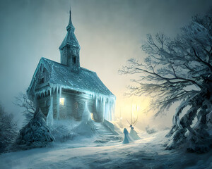 Wall Mural - A painting of a frozen Scandinavian stave church