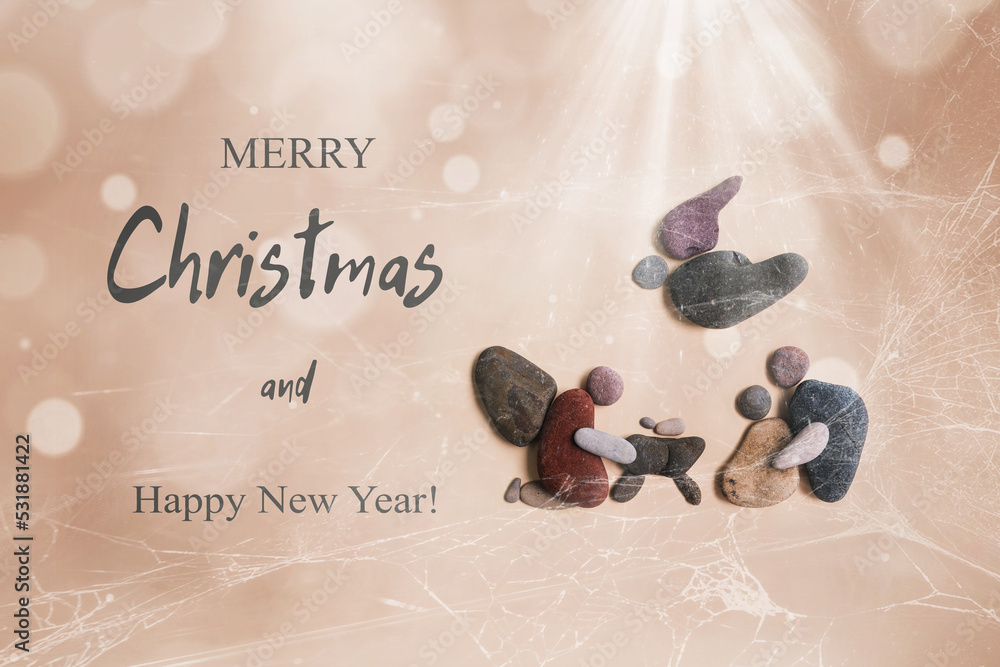 Merry Christmas. Festive Christmas card with the birth of Jesus made of ...