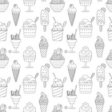 Seamless Pattern With Outline Different Ice Cream, Popsicle, Waffle Cone, Bowl With Whipped Food. Doodle Sweet Summer Desserts. Hand Drawn Black And White Vector Illustration On White Background.