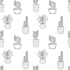 Sticker - Seamless pattern with hand drawn doodle outline potted cactuses. Home plant, linear succulent. Vector black and white illustration on white background